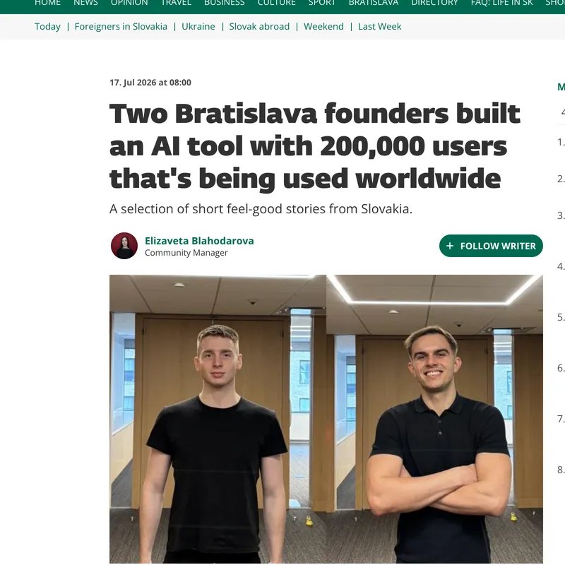 The Slovak Spectator article: Two Bratislava founders built an AI tool with 200,000 users