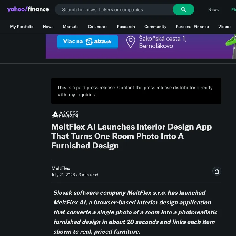 Yahoo Finance: MeltFlex AI Launches Interior Design App That Turns One Room Photo Into A Furnished Design