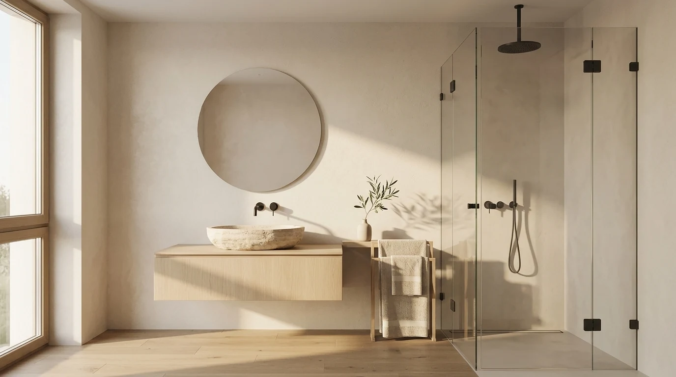 Warm minimalist bathroom with a floating pale oak vanity, stone basin, large round mirror, matte black tapware and a frameless glass shower in low afternoon light
