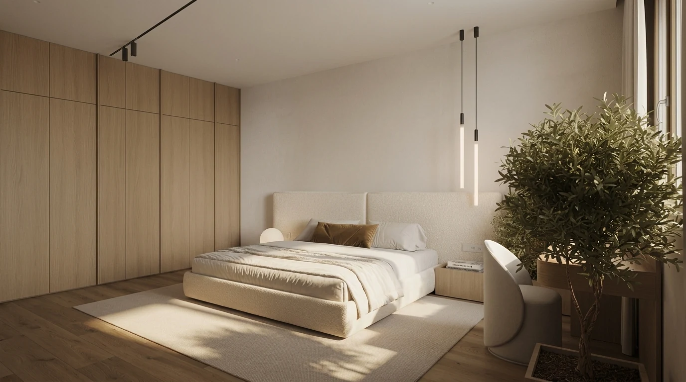 Warm minimalist bedroom from the same brief, full-height oak wardrobe wall, low boucle bed, slim pendant lights and a single olive tree by the window