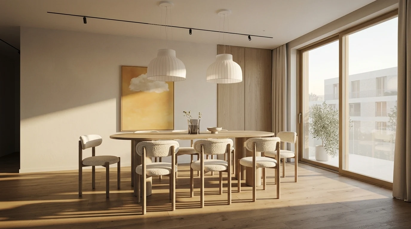 Warm minimalist dining area from the same brief, oval oak table on column legs, boucle chairs, pleated pendant lights and afternoon sun raking across the floor