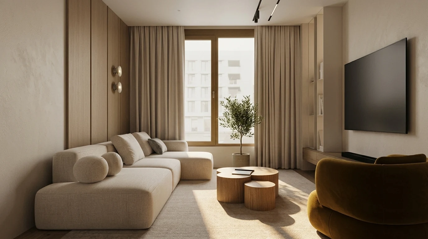 Warm minimalist living room seen along its length, showing the walking path between the doorway and the window wall with the sectional, nesting oak tables and ochre armchair in place