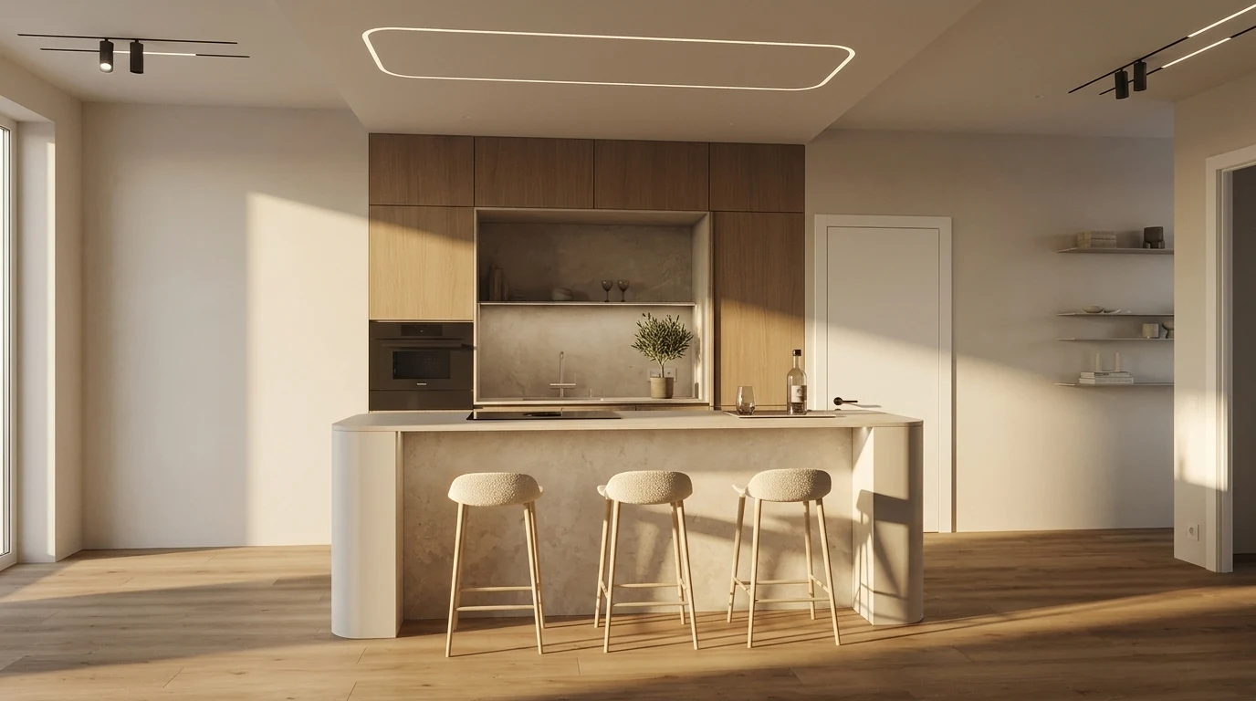Warm minimalist kitchen with oak cabinetry, a stone-topped island, three boucle bar stools and integrated appliances, updated without moving any plumbing