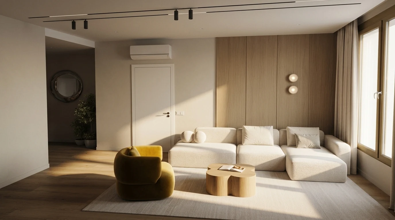 Warm minimalist living room from a single nineteen-word brief, cream modular sectional against oak panelling with one ochre armchair and a cloud-shaped oak coffee table