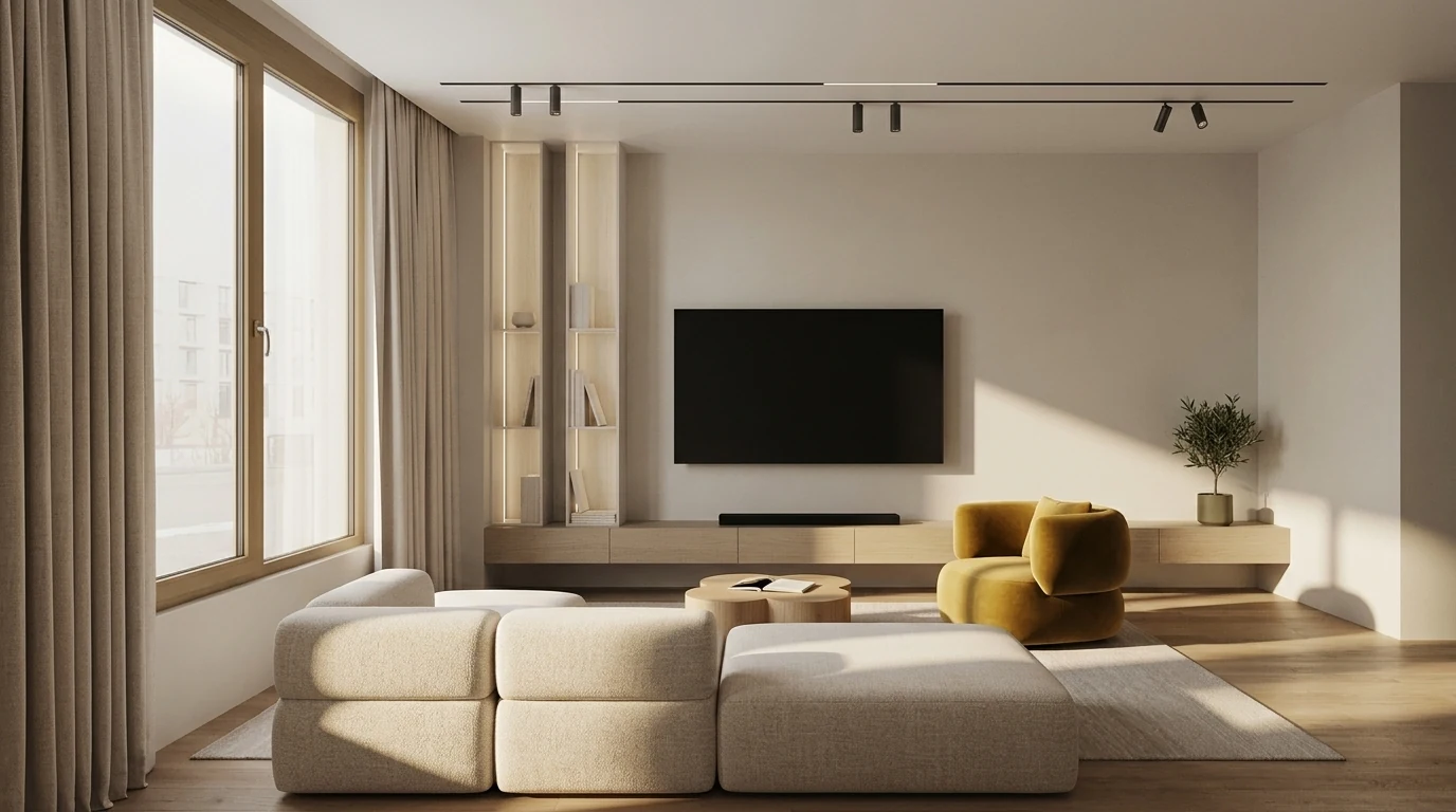 Warm minimalist living room lit by low afternoon sun, cream boucle sectional, oak panelled wall, ochre armchair and long shadows across a sand-toned rug