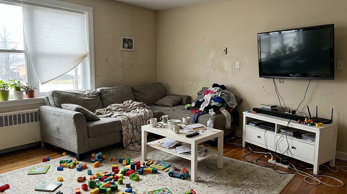 A cluttered lived-in living room before any redesign, grey sectional buried under laundry, mugs and papers on the coffee table, building blocks across the rug and cables hanging below the wall-mounted TV