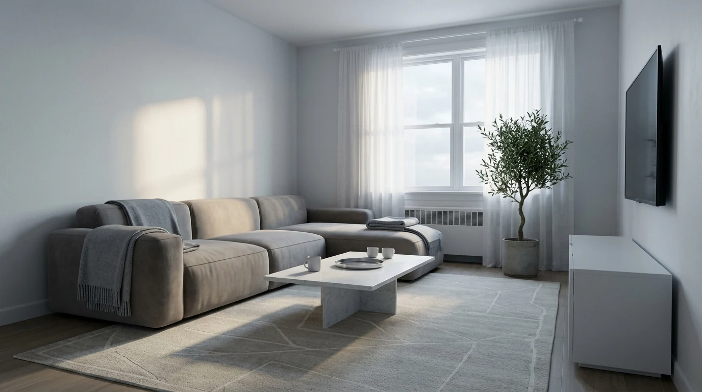 The same living room in a cool minimalist direction, grey-taupe modular sofa, white stone coffee table, pale greige rug and cool plaster walls, with the same window and layout as the warm version