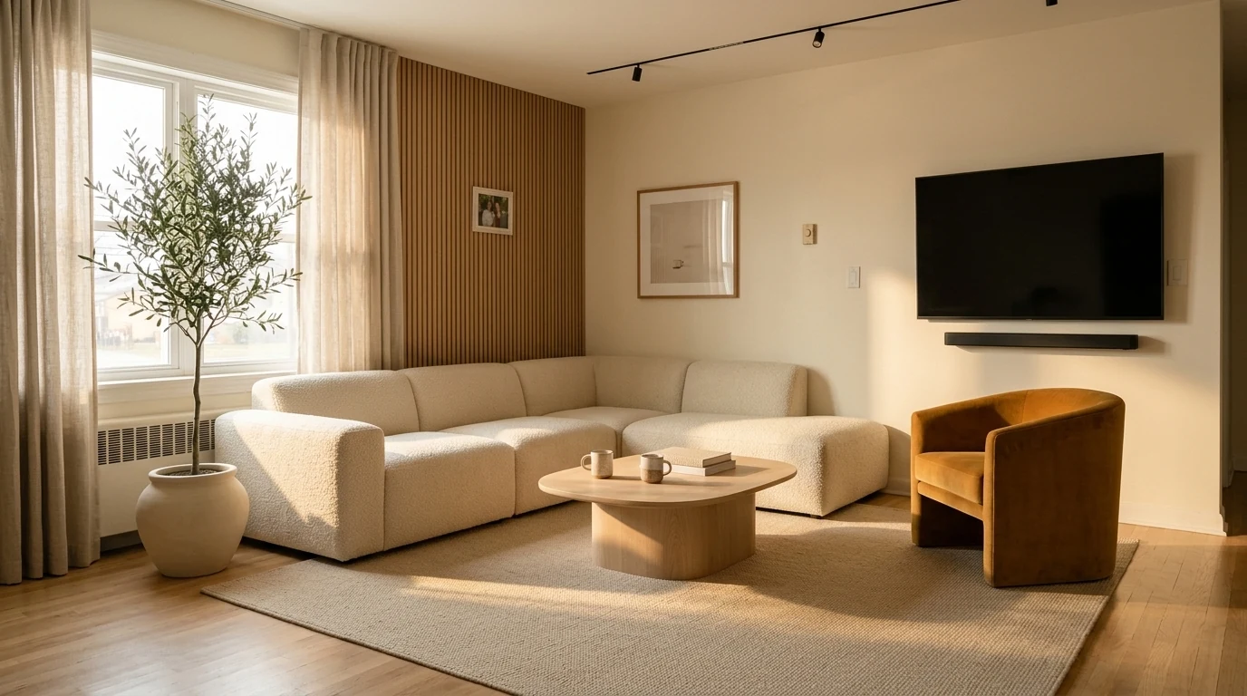 The cluttered living room redesigned in warm minimalism, cream boucle sectional, pale oak coffee table, ochre velvet armchair and an olive tree, with the same window, radiator and TV wall as the original photo