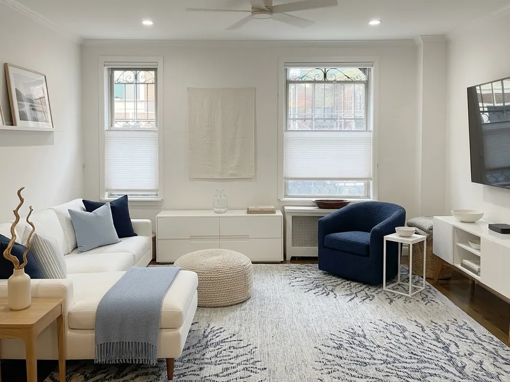 Living room redesigned in coastal blue style with AI, white sofa, navy blue accent armchair, light patterned rug, wall-mounted TV, and soft blue accents from a ChatGPT style prompt visualized in MeltFlex