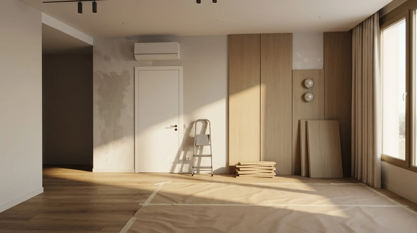 The same living room mid-renovation, oak wall panelling half installed with spare panels leaning against the wall, bare plaster on one side, protective paper taped over the finished floor and a folded step ladder