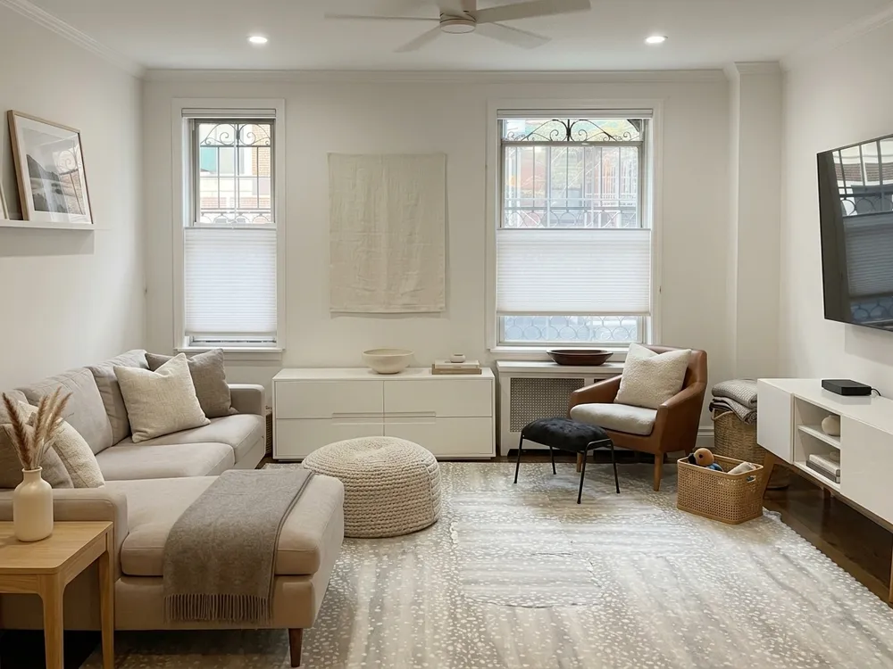 The same living room redesigned in a warm neutral style, beige linen sofa, tan leather accent chair, antelope-print rug, and natural textures. Same layout as the coastal version, different ChatGPT style prompt