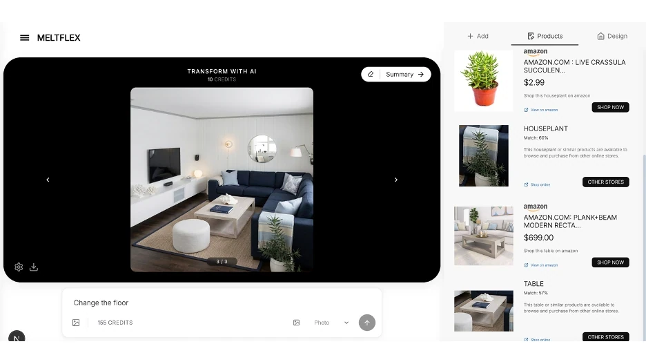 MeltFlex workspace showing the redesigned living room with the furniture detection sidebar open, each detected piece matched to an Amazon product with its price
