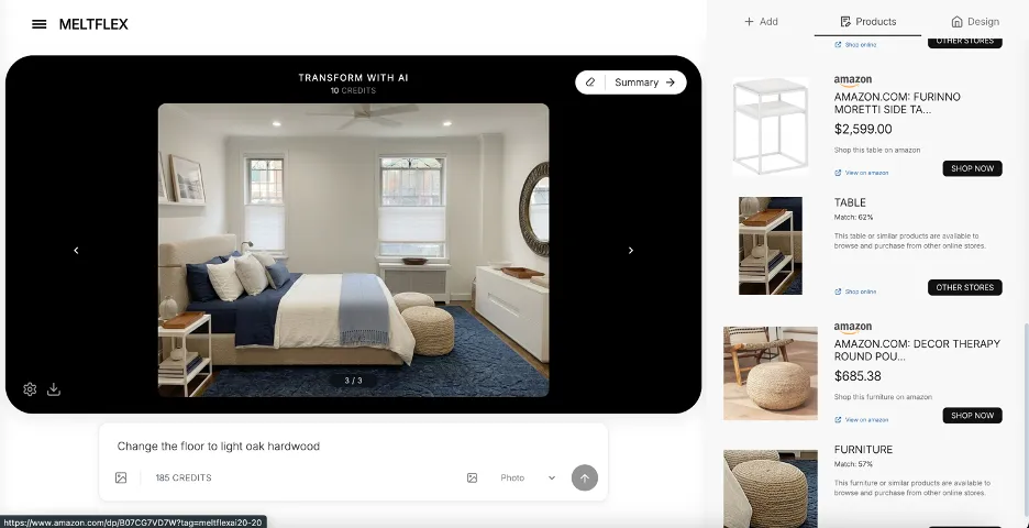 MeltFlex workspace turning a ChatGPT bedroom prompt into a real visualization, the redesigned coastal bedroom on the canvas with a sidebar of detected furniture linked to Amazon products and prices