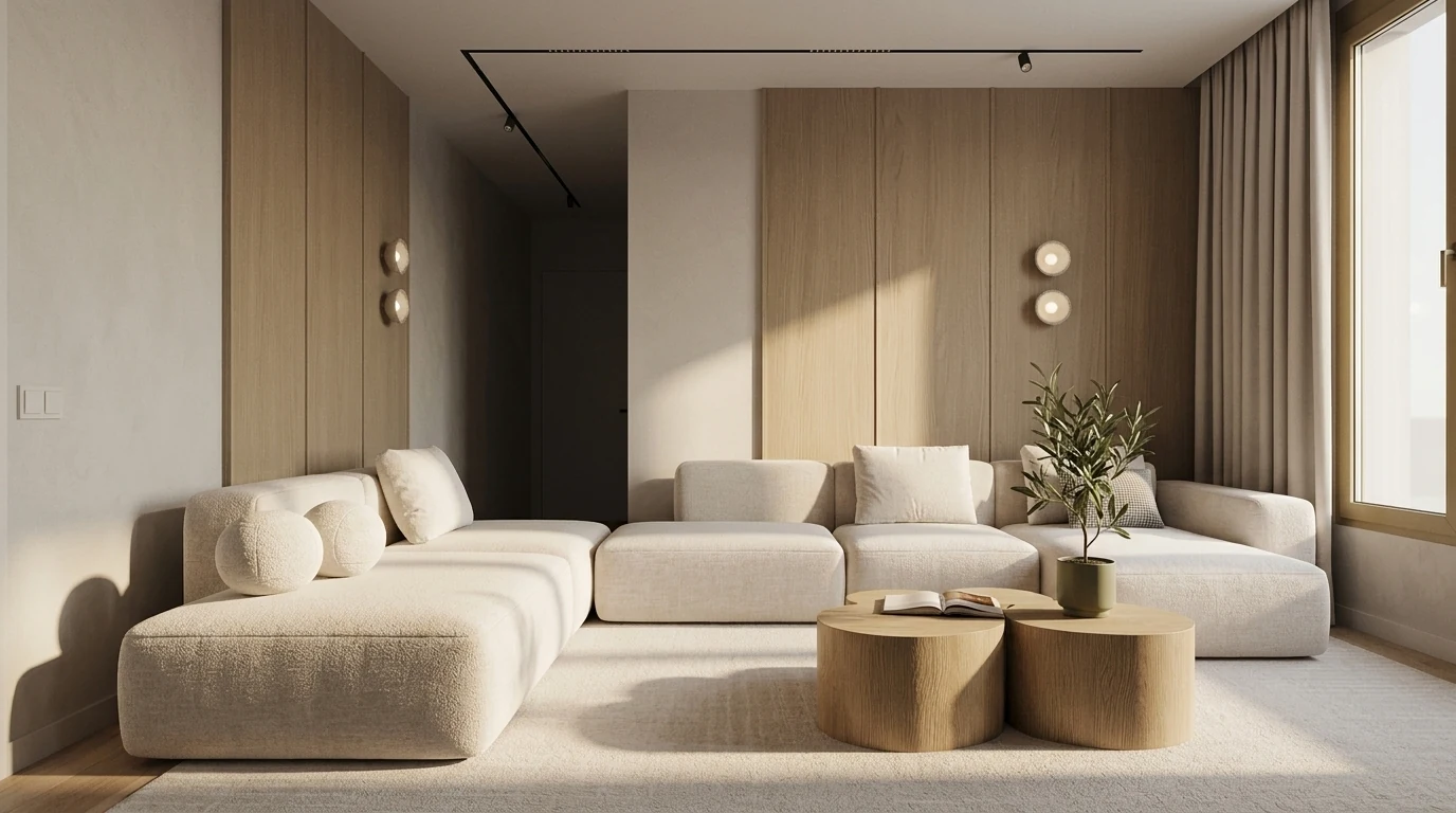 Cream boucle modular seating with bolster cushions on a pale rug against an oak panelled wall, the kind of pared-back seating a budget-led prompt points you toward
