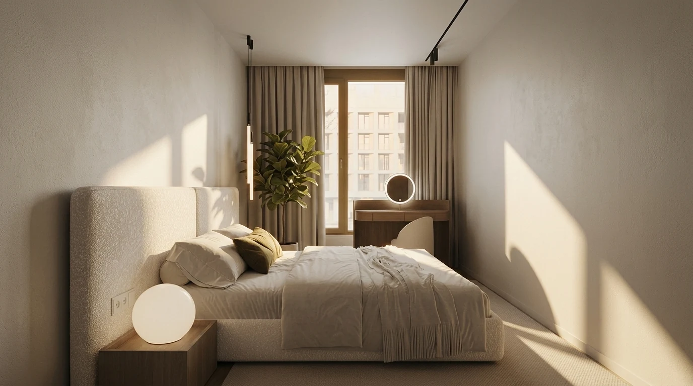 Compact warm minimalist bedroom turned into a sleep-focused room, boucle bed, oak nightstand with a globe lamp, a small dressing table by the window and low sun across the far wall