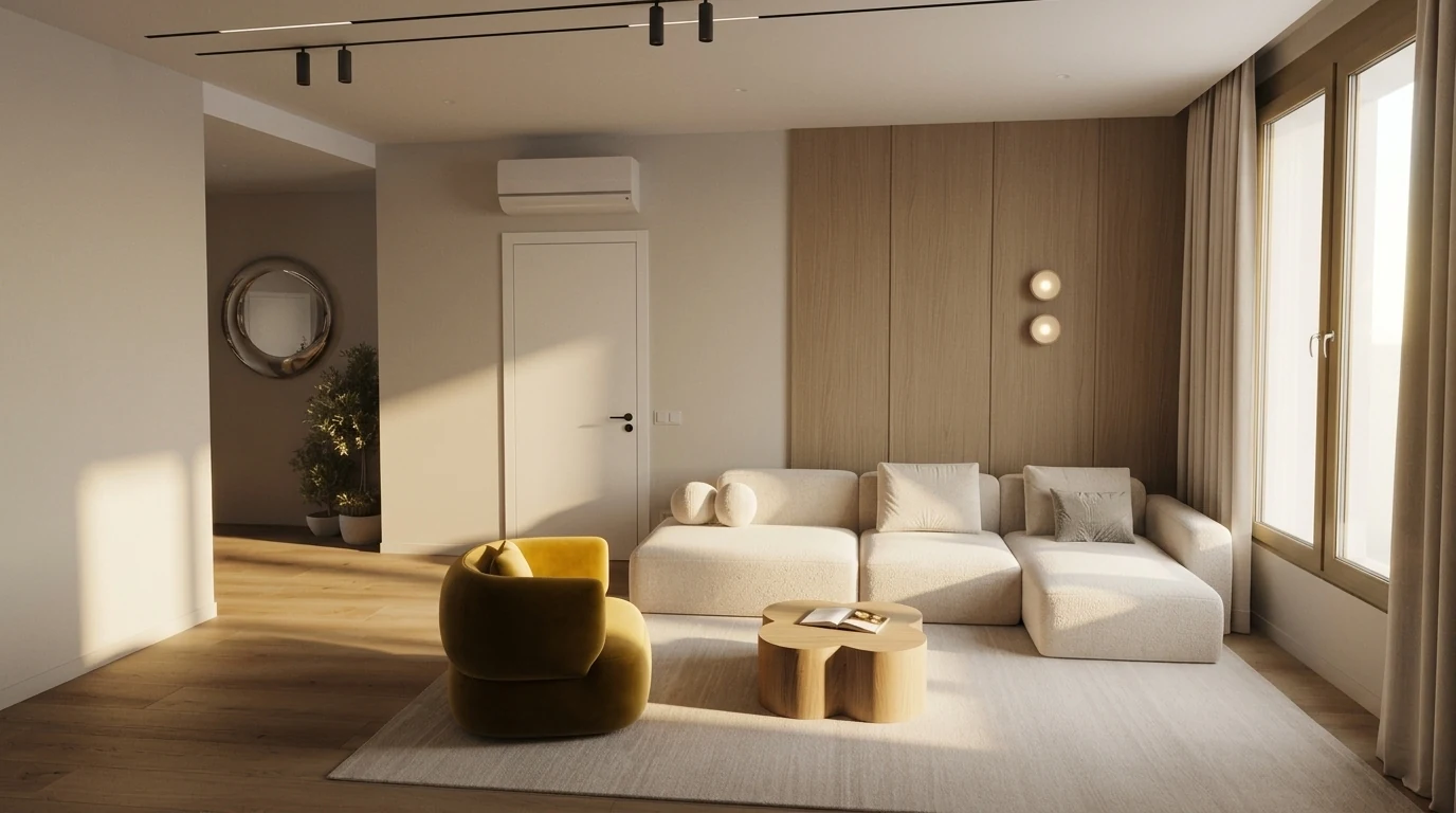 Warm minimalist living room in low afternoon sun, cream boucle sectional against an oak panelled wall with an ochre armchair and long shadows across the floor