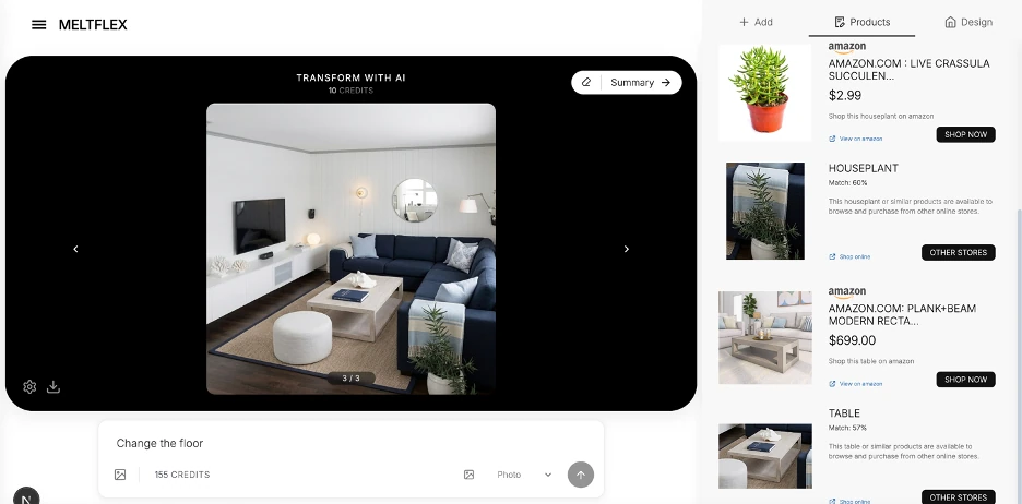 MeltFlex workspace with a rendered living room and a Products sidebar listing shoppable items with prices