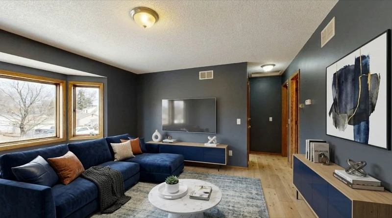 AI-generated room preview showing how different furniture colors look against grey walls before purchasing