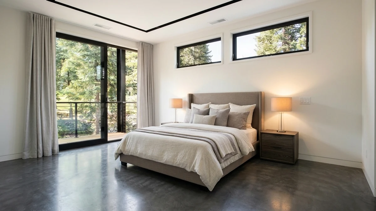 Bedroom with a correctly scaled queen bed centered on the wall, a nightstand and lamp on each side, and clear walking space on both sides of the bed