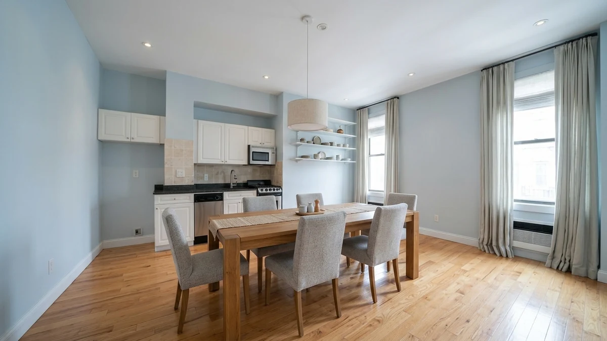 Dining room with a wooden table and upholstered chairs showing roughly three feet of clearance to the surrounding walls so chairs pull out comfortably