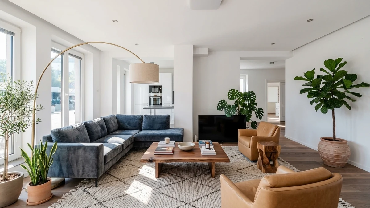 Large open-plan living room anchored with an L-shaped sectional, two accent chairs and a substantial coffee table grouped on a large area rug under an arc floor lamp