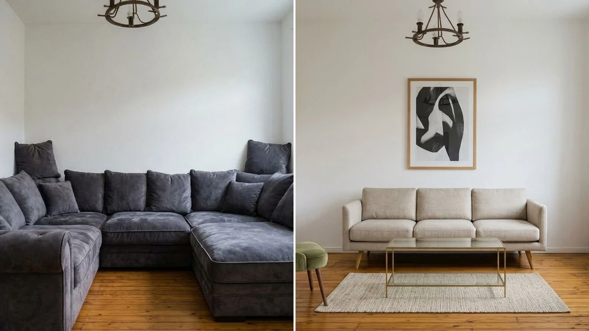 Side by side comparison of the same living room: left with an oversized dark sectional that crowds the space, right with a correctly scaled sofa, slim coffee table and clear walking space