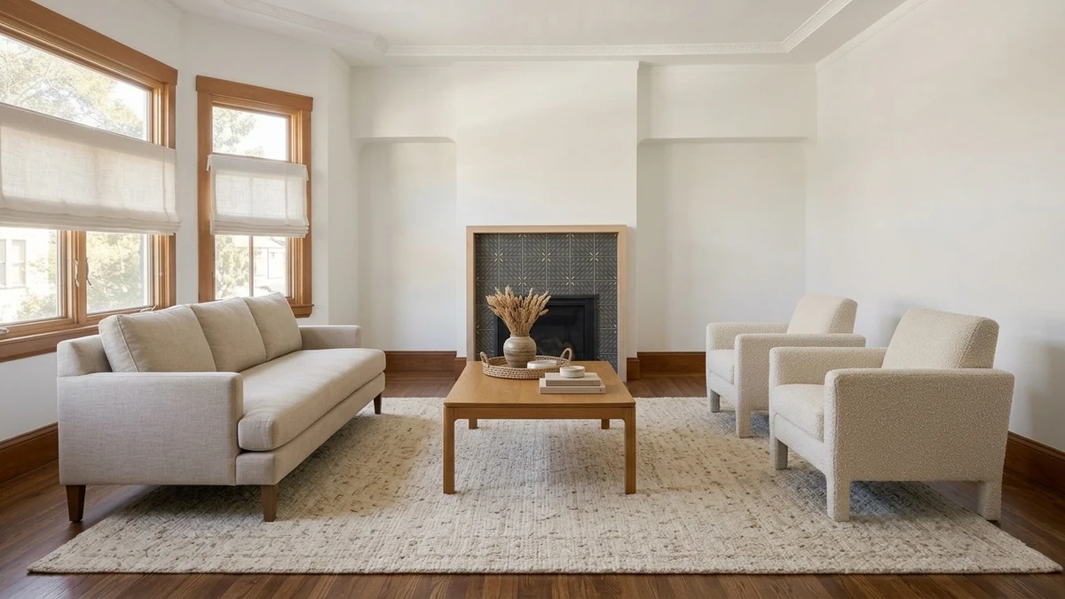 Living room where one large area rug sits under the front legs of the sofa and both accent chairs, with a coffee table about two-thirds the length of the sofa centered on the rug