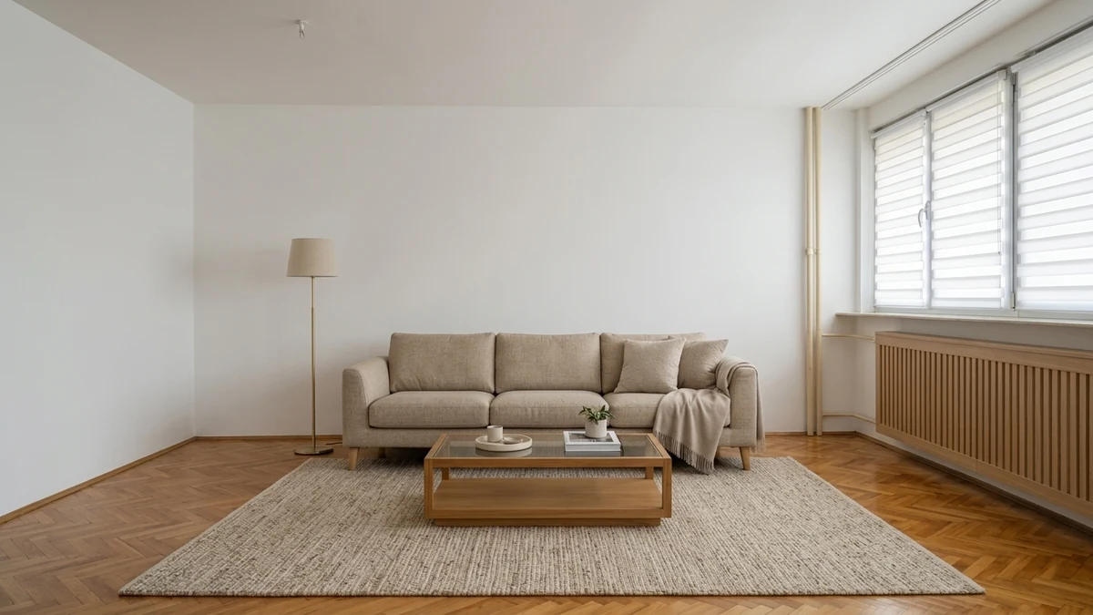 Living room with a single three-seat sofa spanning about two-thirds of the back wall, clear wall on each side, a proportional coffee table and a rug under the front legs