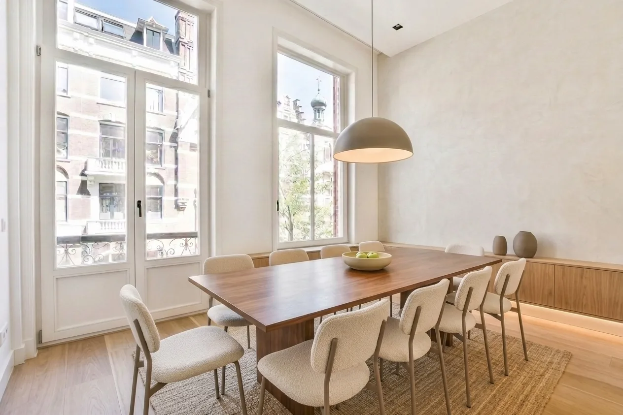 AI-designed dining room with walnut dining table for 8, bouclé upholstered chairs, dome pendant light, and jute area rug