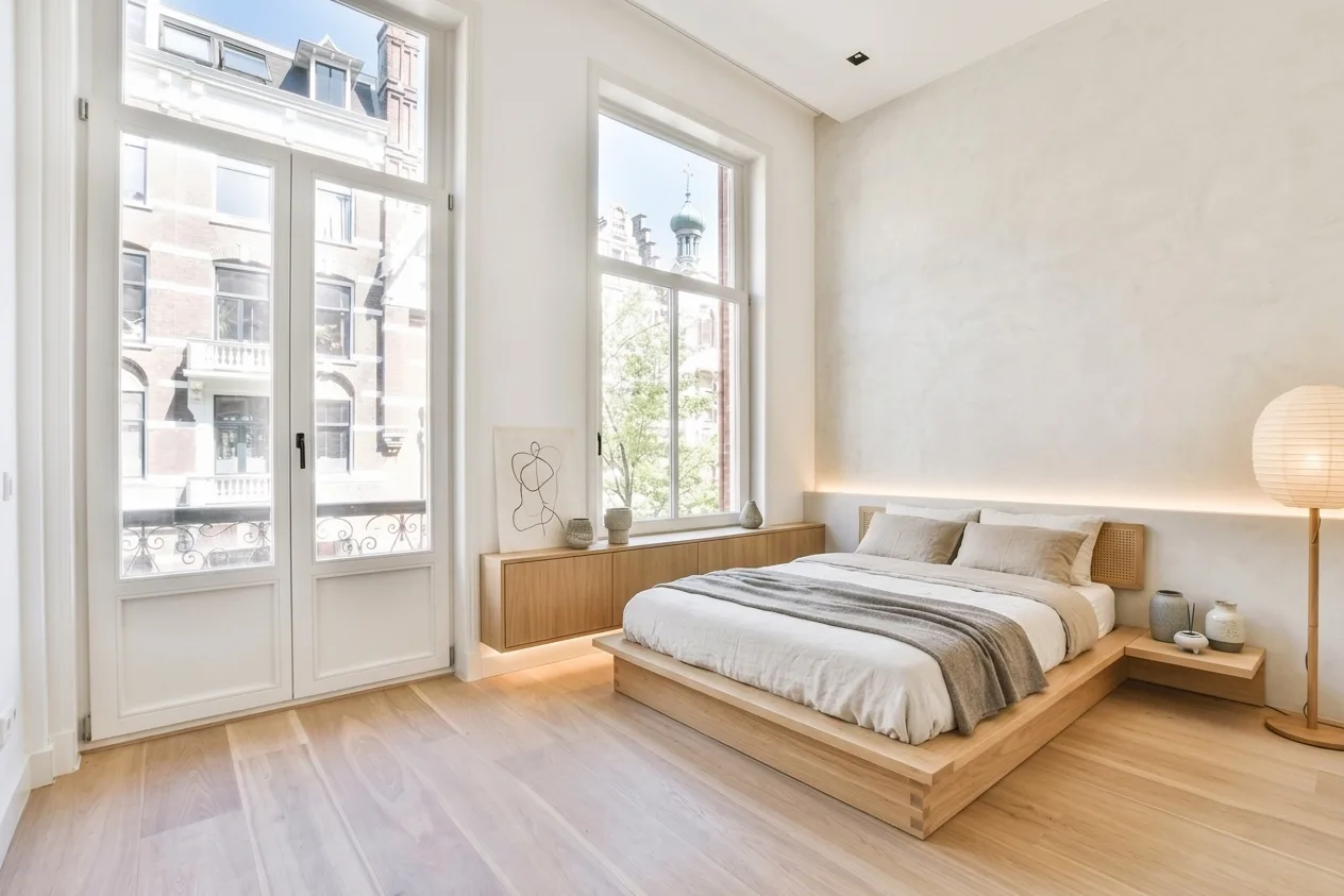 AI-designed Japandi bedroom with low oak platform bed, built-in headboard with LED lighting, paper lantern lamp, and striped throw