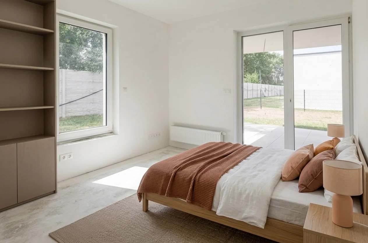 AI virtual staging result: empty room transformed into a warm bedroom with oak platform bed, terracotta cushions, and natural light from terrace door