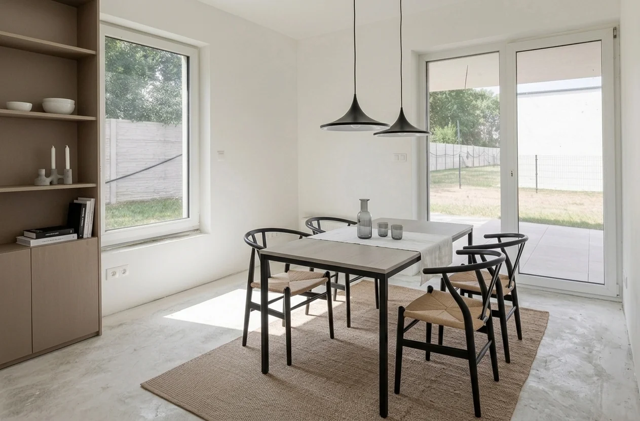 AI virtual staging result: empty room transformed into a Scandinavian dining room with stone table, Wishbone chairs, and black pendant lights