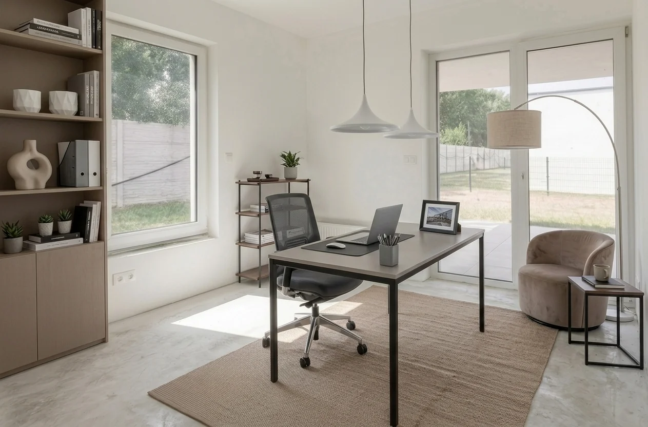 AI virtual staging result: empty room transformed into a modern home office with desk, ergonomic chair, bookshelf, and pendant lighting