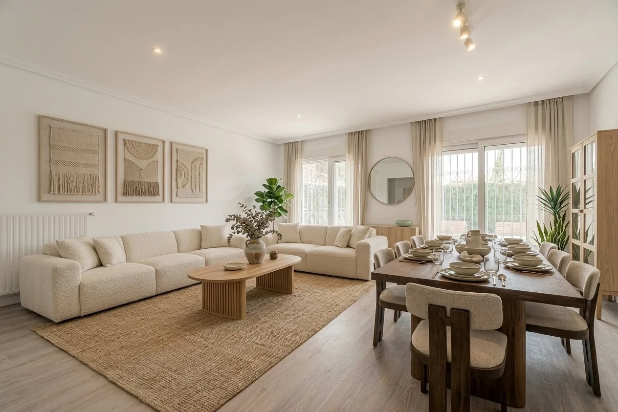 Rental apartment living room redesigned with AI: boho coastal style with cream modular sofa, macramé wall art on command hooks, linen curtains on tension rods, and long walnut dining table