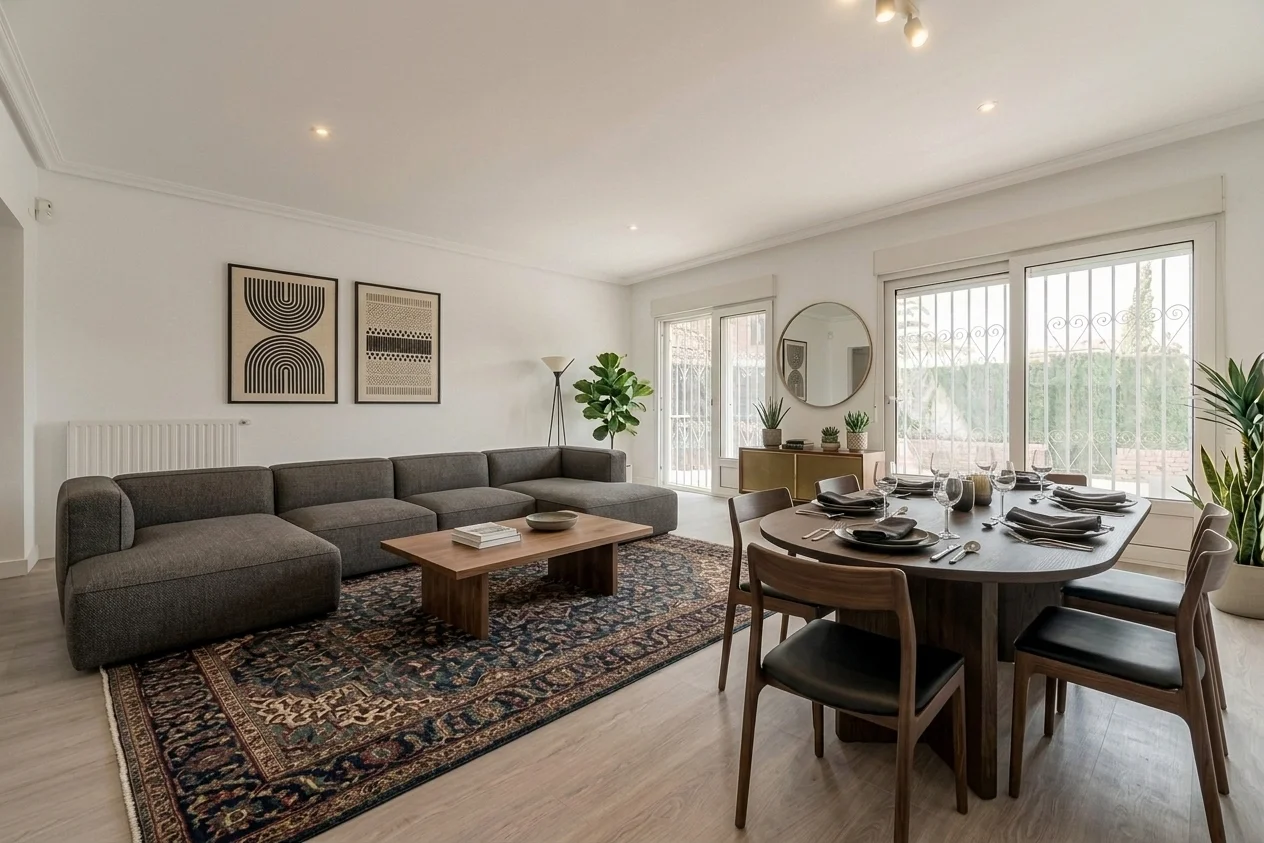 Rental apartment living room redesigned with AI: modern dark style with charcoal sectional sofa, Persian area rug, round walnut coffee table, and black round dining set