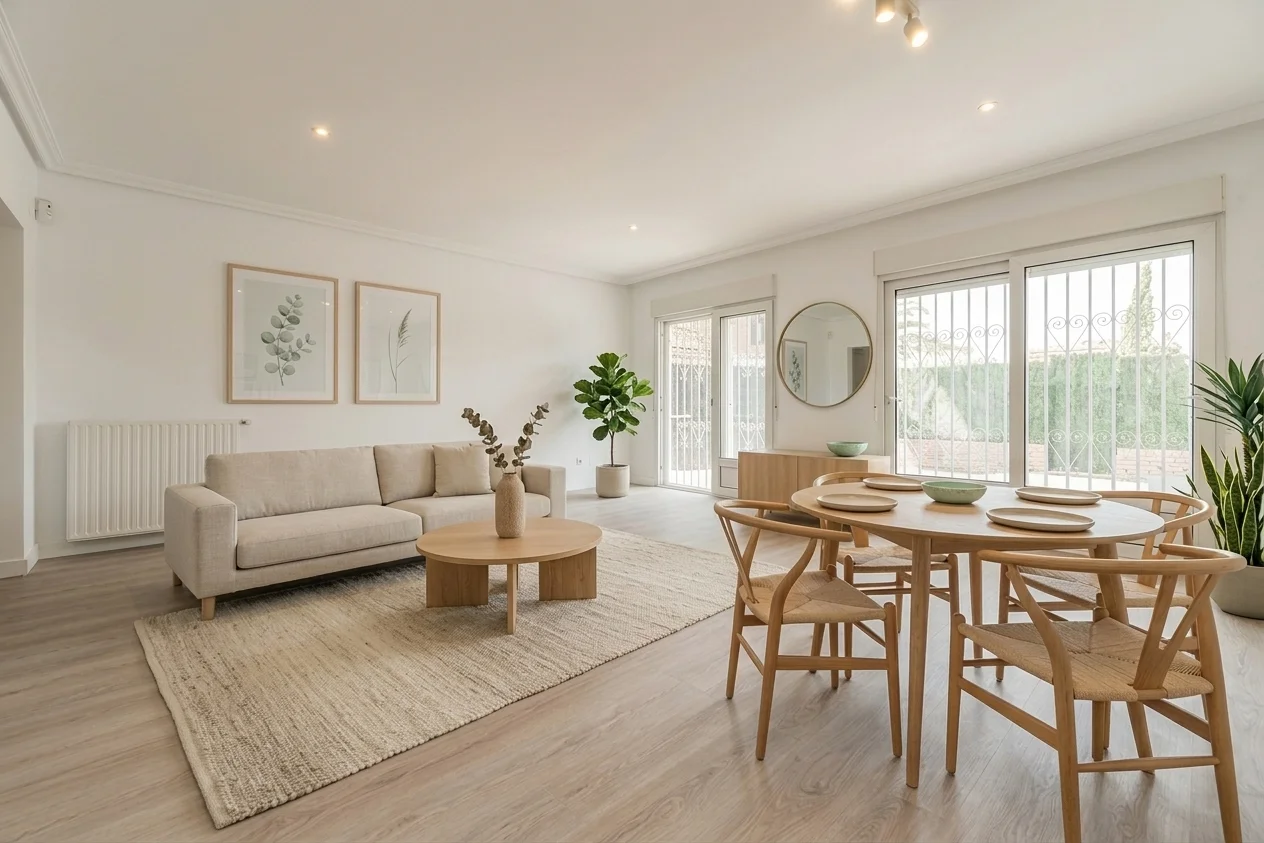 Rental apartment living room redesigned with AI: natural minimalist style with linen sofa, round oak dining table, botanical prints, circular mirror, and indoor plants