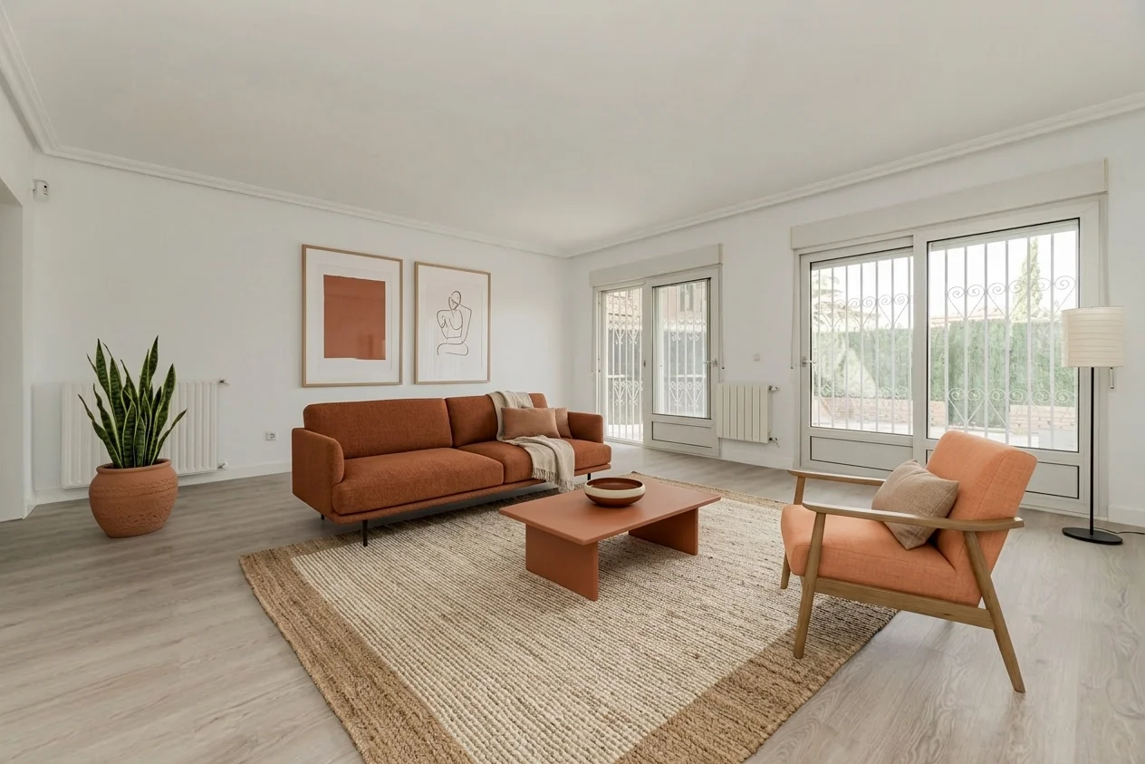 Rental apartment living room redesigned with AI: terracotta bouclé sofa, warm abstract wall art, jute rug, and potted snake plant — Mediterranean Boho style, no drilling or painting required