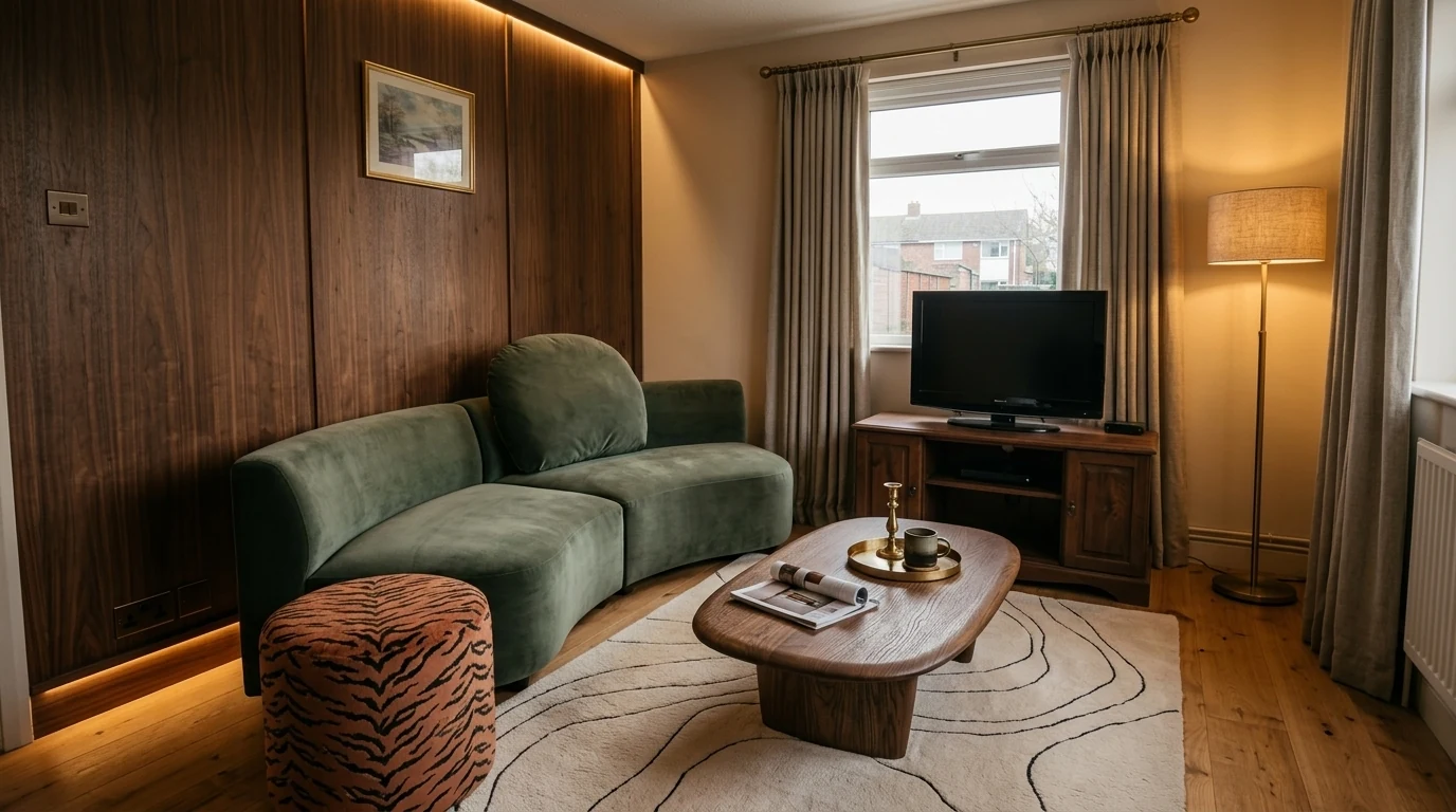 The same living room transformed into a warm earthy space with walnut wood panelling, a curved sage green velvet sofa, a tiger print ottoman and a cream sculpted rug. The window, TV wall and room shape match the before photo