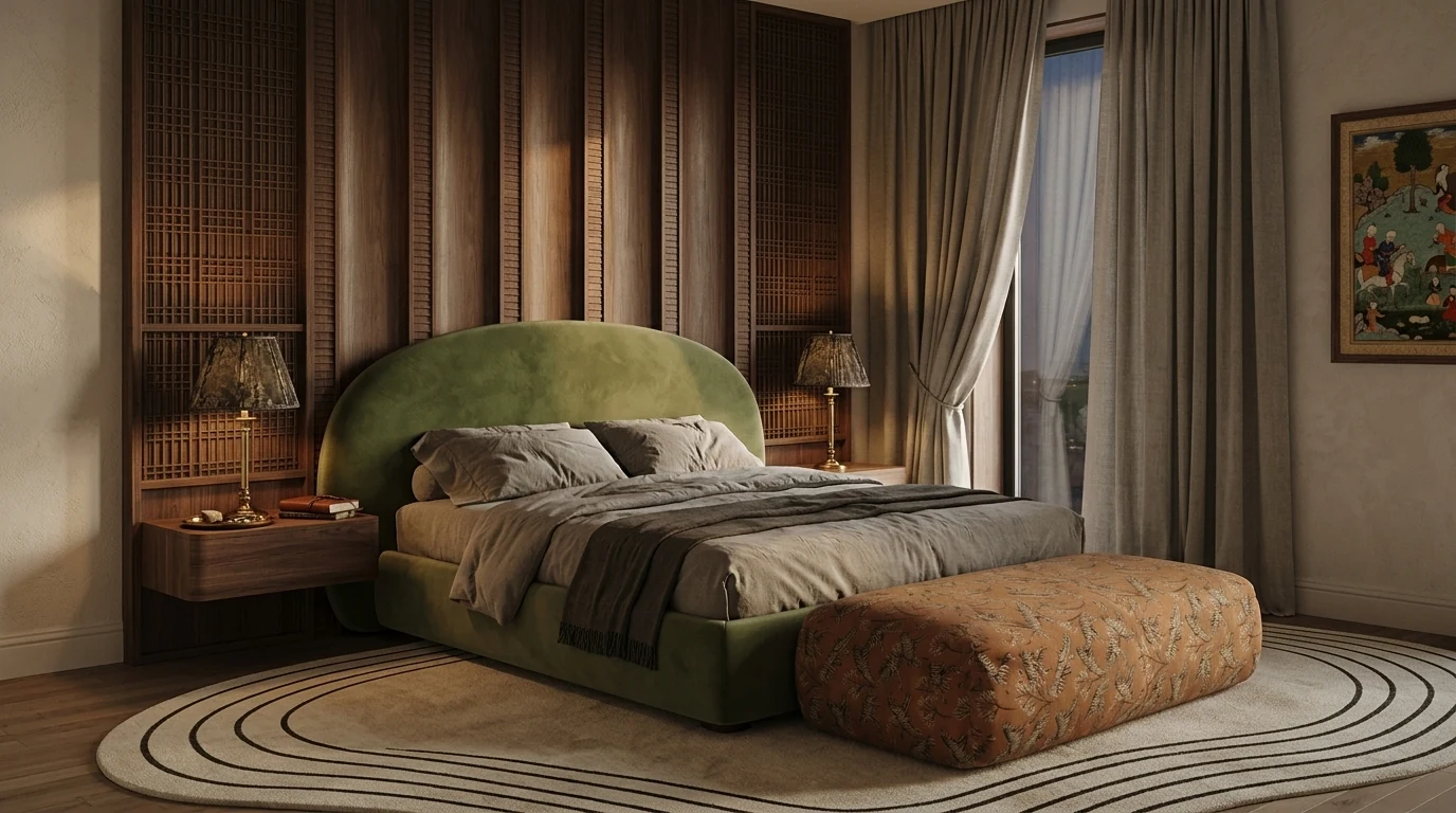 Bedroom in the same earthy apartment: sage green velvet bed with a curved headboard against walnut panelling, tiger print bench, brass table lamps and a cream sculpted rug