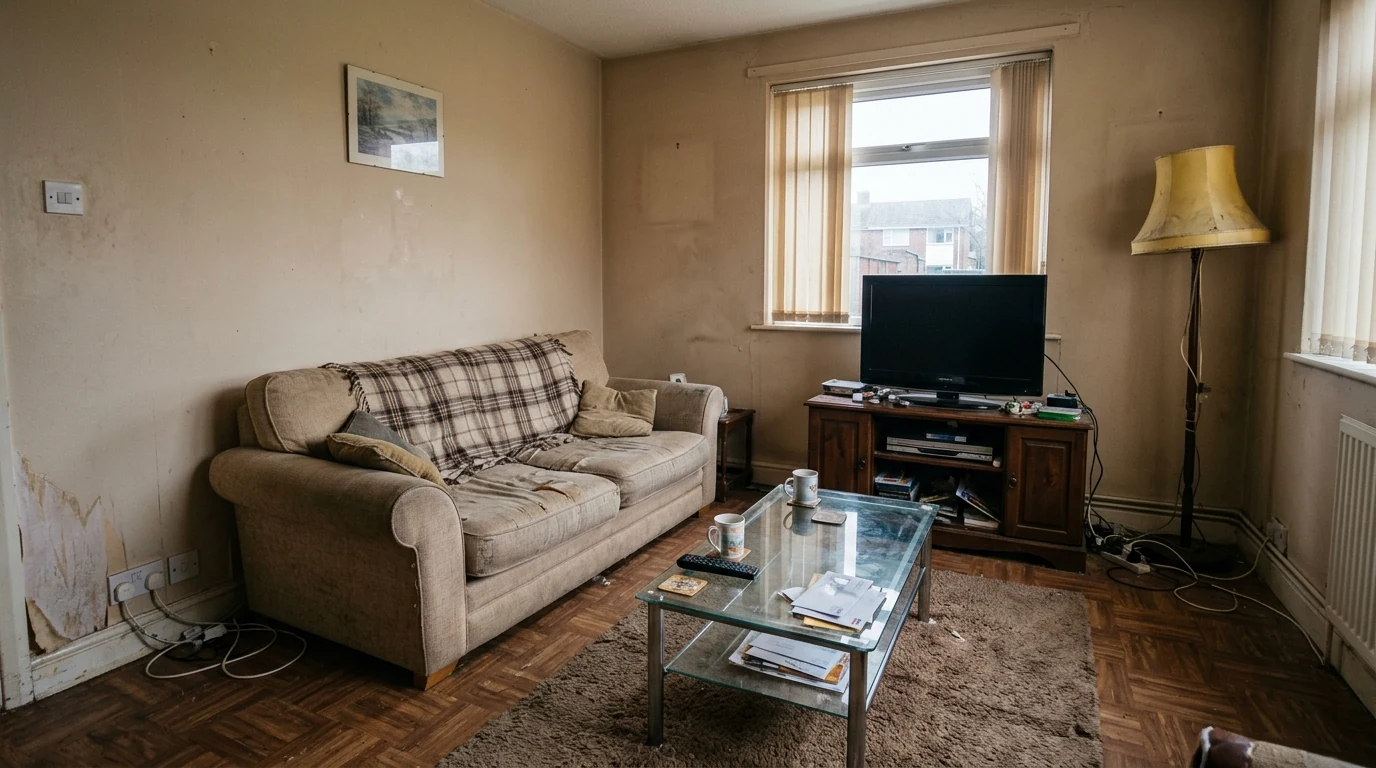 Dated living room with a sagging beige sofa, scratched glass coffee table, dusty vertical blinds and cables along the wall. This is the before photo we transform throughout this guide