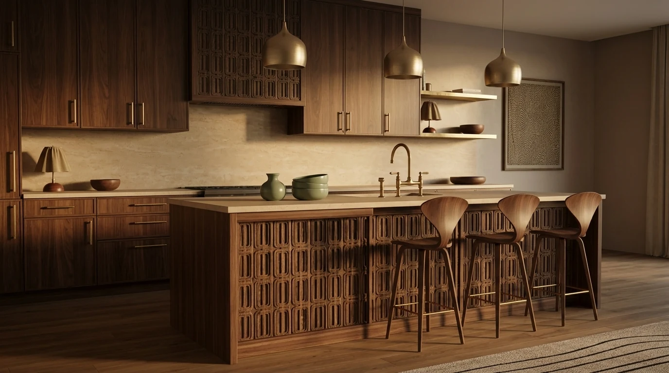 Warm earthy kitchen generated with the Nano Banana formula: dark walnut cabinetry with carved island detail, beige stone counters, brass pendants and sage green ceramics