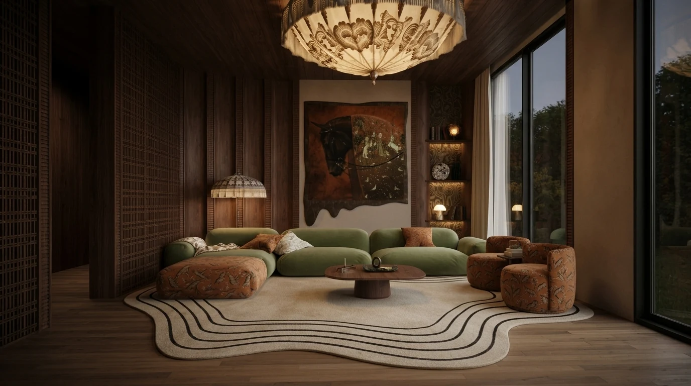 Wide view of the earthy green living room showing the full furniture layout: curved modular sofa around the sculpted rug, tiger print chairs by the window and a clear walking path to the glass wall