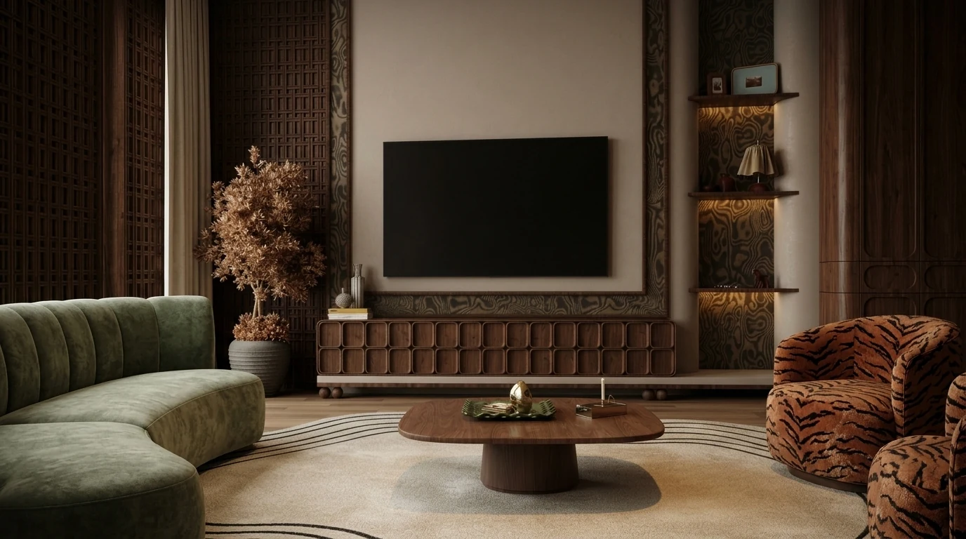 Media wall in the earthy living room: wall mounted TV on plaster, a long carved walnut console, lit display niches and a tiger print barrel chair, every piece specific enough to search for
