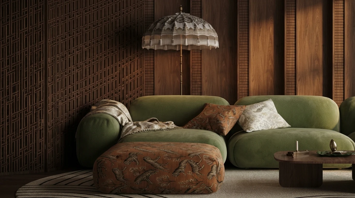 Close view of the sage green velvet modular sofa with a terracotta tiger print ottoman, patterned cushions and a draped throw against carved walnut lattice panelling