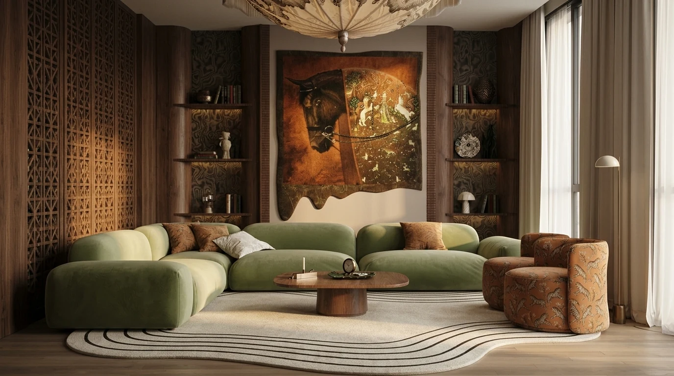 Photorealistic AI render of the earthy green living room produced by the render prompt formula: curved sage sofa beneath a horse tapestry, tiger print chairs and warm evening light from the tall window
