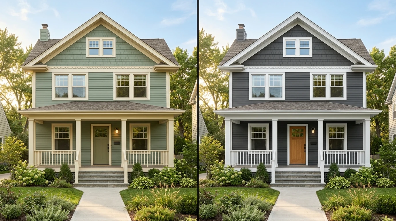 Split view of the same house facade rendered in two exterior colour combinations, sage green with cream trim on the left and charcoal with white trim and an oak door on the right