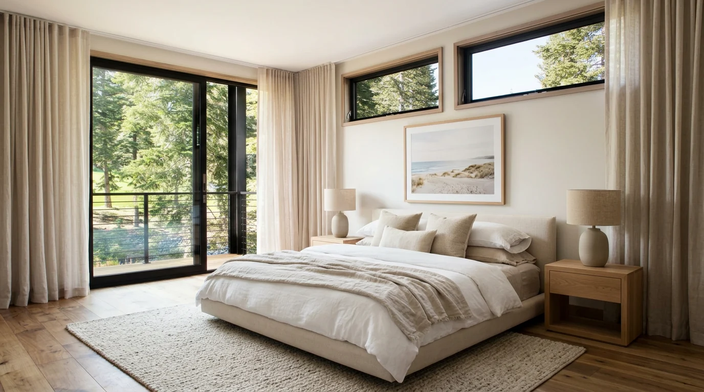 A serene warm-minimalist bedroom with an upholstered linen platform bed, oak nightstands and layered neutral bedding, the kind of purchase where Perplexity pulls real owner reviews and warranty terms before you buy