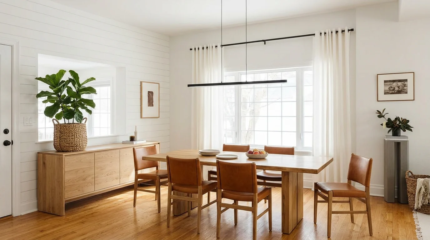 A warm contemporary dining room with a solid oak table, cognac leather-and-oak chairs and a linear matte-black pendant, an example of a look Perplexity can check against real 2026 trend reporting and material-durability sources