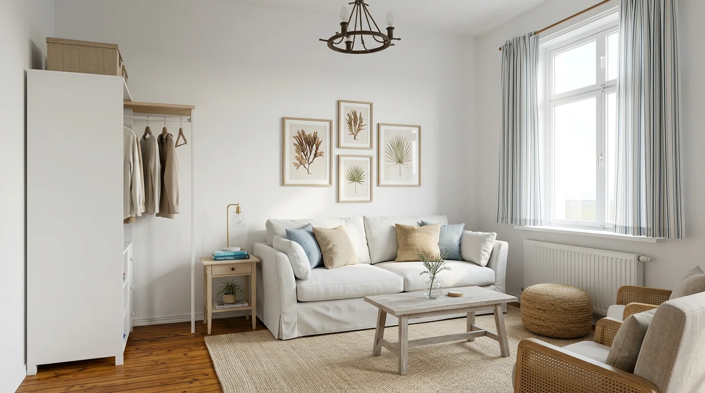 A relaxed modern coastal living room with a white slipcovered sofa, weathered wood coffee table, sisal rug and rattan accent chairs, an AI render showing the payoff after using Perplexity to research and price each piece