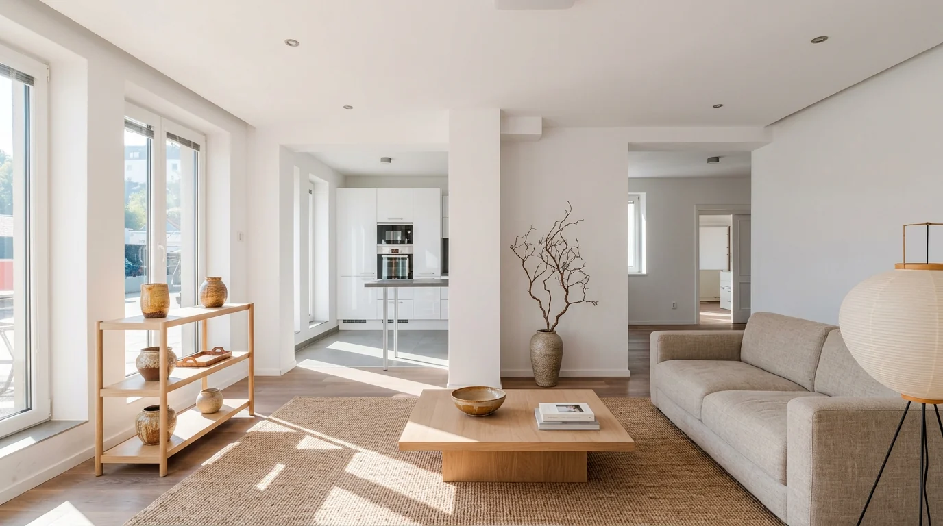 A calm Japandi living room with an oatmeal linen sofa, oak plinth coffee table, jute rug and light wood shelving, an AI render of the kind of finished room you visualize in MeltFlex after Perplexity sources and prices the pieces